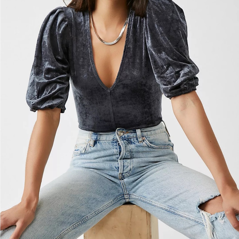 Elegant Blue/Gray Velvet Women's Bodysuit